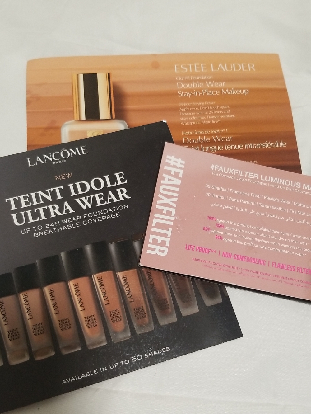 3 Sample Cards Foundation Lancôme Estēe Lauder Huda